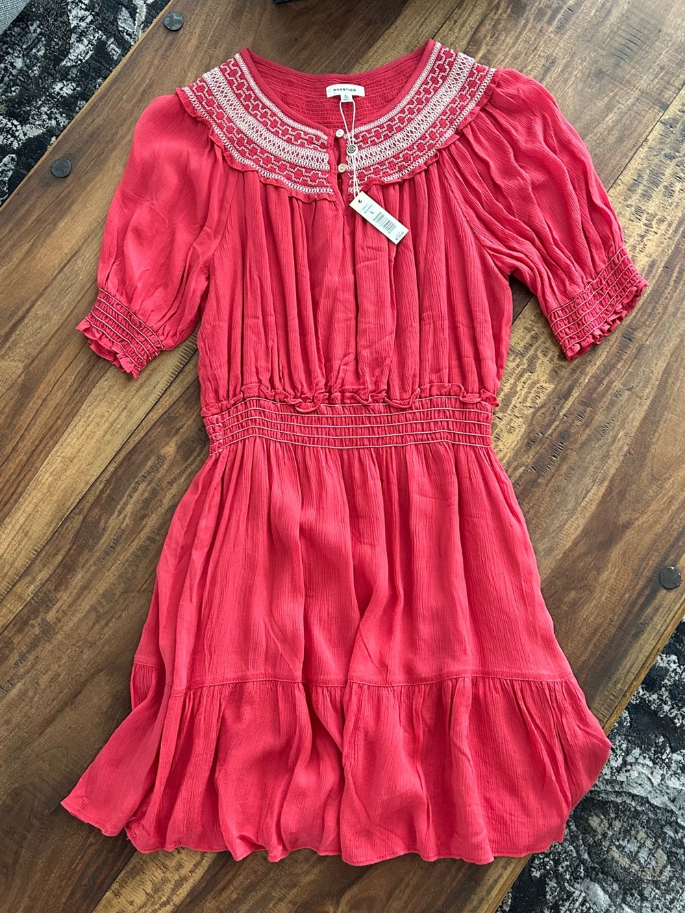 Max Studio  Red Embroidered Smocked Waist Dress